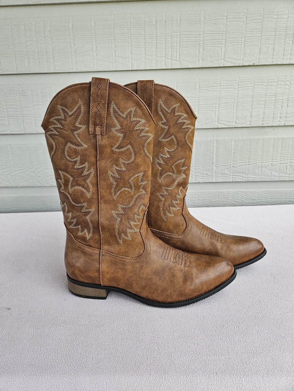 Western Cowboy Faux Leather Boot Men SZ 12 Brown Pointed Toe Rodeo Costume